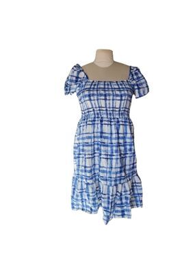 Gap short sleeves smocked squareneck plaid print midi dress